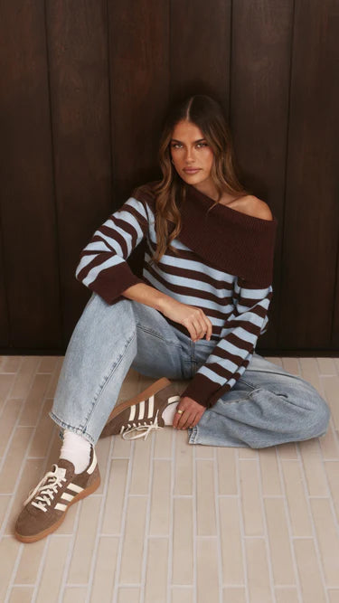 Henna Off Shoulder Knit Sweater - Blue/Chocolate Stripe